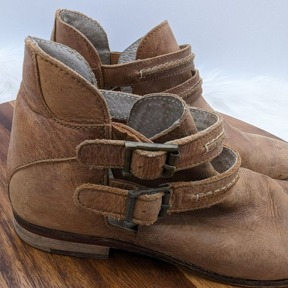 Free People Braeburn Ankle Boot 37 7 Brown Leather Double Side Buckle Distressed - Picture 6 of 14